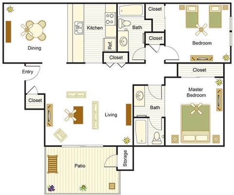 Floor plan for 2 beds, 2 baths, 974 sqft
