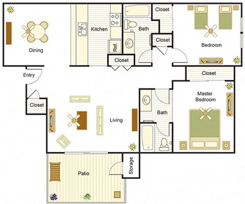Floor plan for 2 beds, 2 baths, 974 sqft
