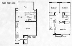 Santa Ana apartment for rent - the floor plans for three bedrooms and two baths are shown in this image