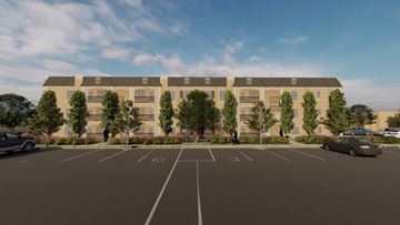 Wildomar apartment for rent - A rendering of a building with a parking lot in front.