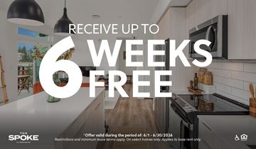 Redmond apartment for rent - A promotional image for The Spoke offering up to 6 weeks free.