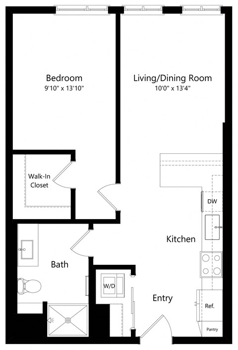 Floor plan for 1 bed, 1 bath, 660 sqft