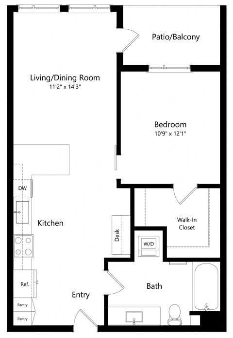 Floor plan for 1 bed, 1 bath, 667 sqft