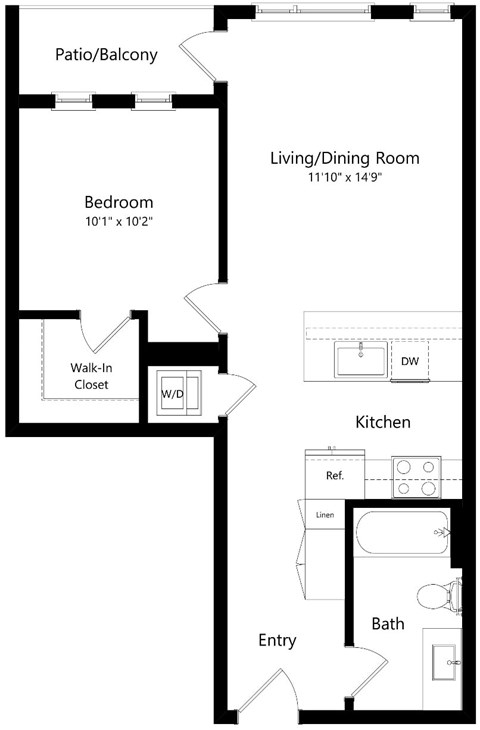 Floor plan for 1 bed, 1 bath, 660 sqft