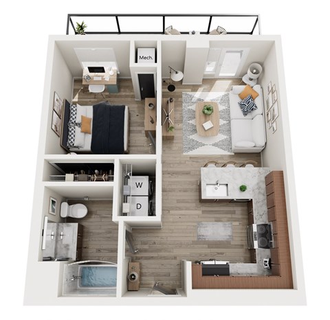 Floor plan for 1 bed, 1 bath, 612 sqft