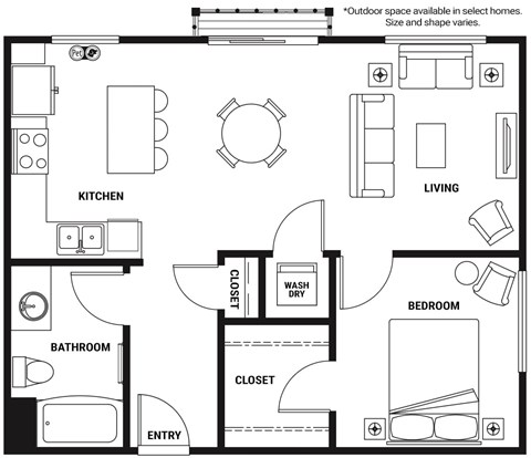 Floor plan for 1 bed, 1 bath, 731 sqft