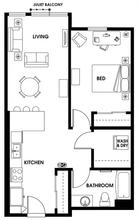 Floor plan for 1 bed, 1 bath, 732 sqft