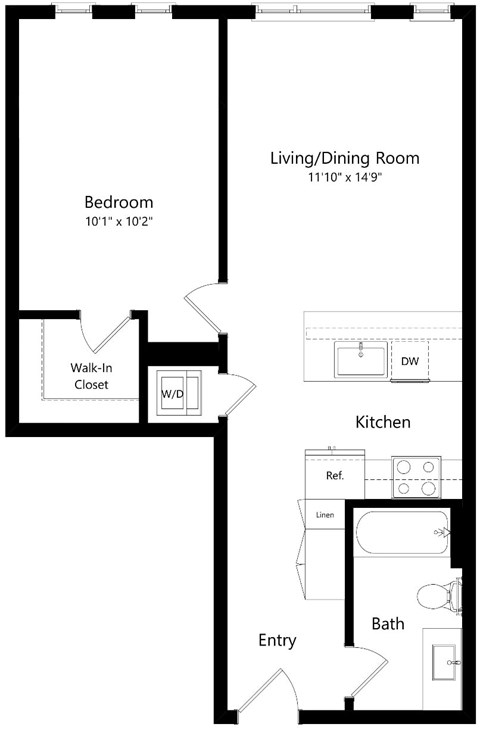 Floor plan for 1 bed, 1 bath, 660 sqft