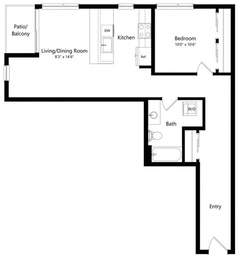 Floor plan for 1 bed, 1 bath, 790 sqft