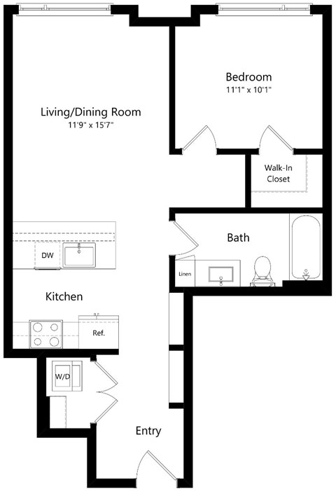 Floor plan for 1 bed, 1 bath, 690 sqft