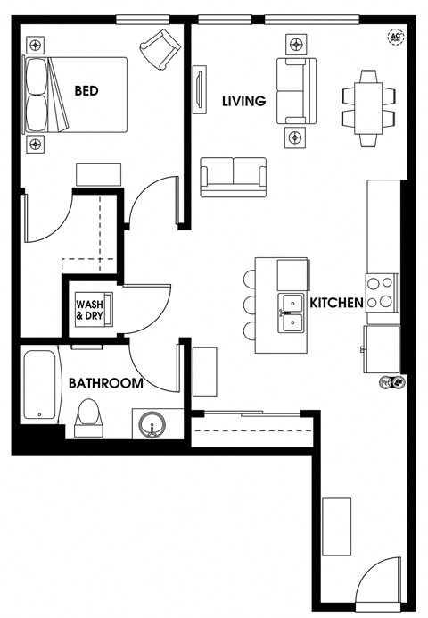 Floor plan for 1 bed, 1 bath, 762 sqft