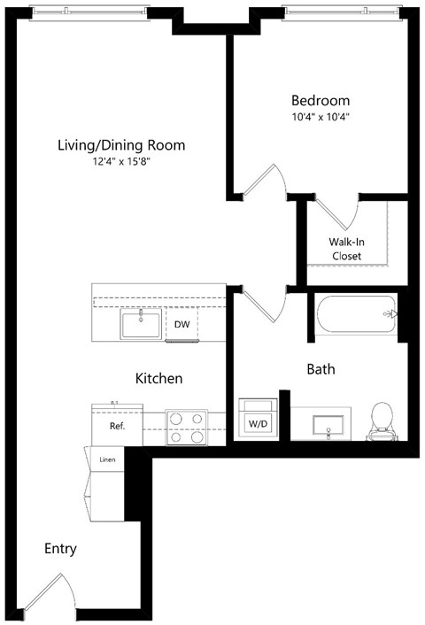 Floor plan for 1 bed, 1 bath, 700 sqft