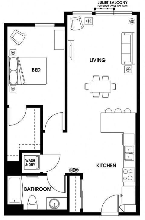 Floor plan for 1 bed, 1 bath, 793 sqft