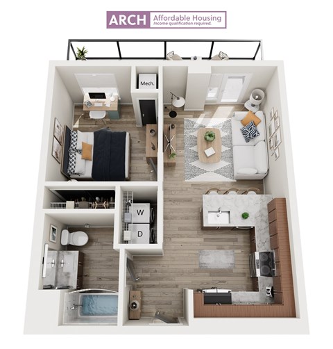 Floor plan for 1 bed, 1 bath, 609 sqft