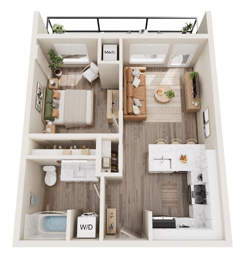 Floor plan for 1 bed, 1 bath, 624 sqft