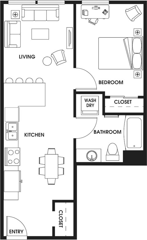 Floor plan for 1 bed, 1 bath, 616 sqft