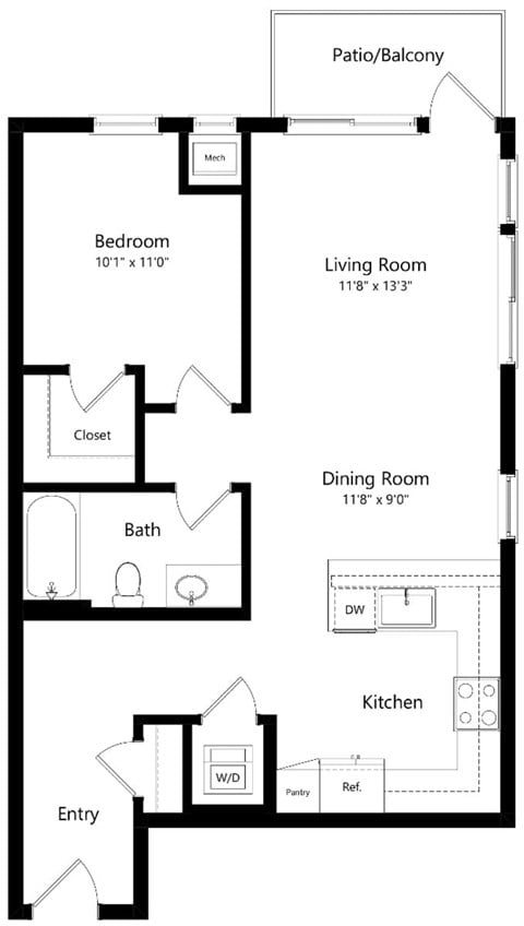 Floor plan for 1 bed, 1 bath, 778 sqft