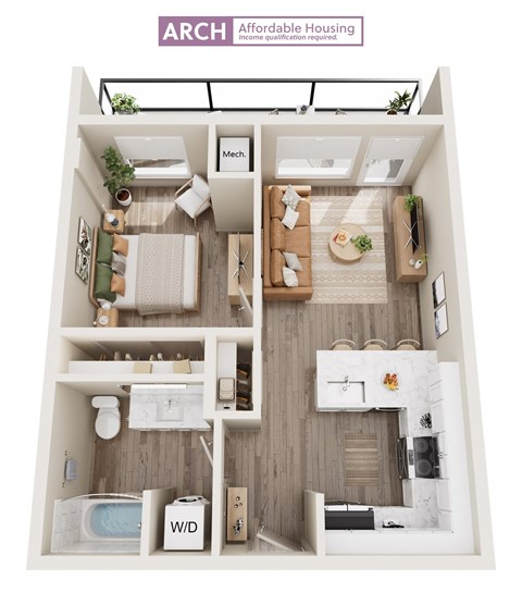 Floor plan for 1 bed, 1 bath, 618 sqft