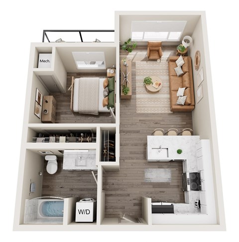 Floor plan for 1 bed, 1 bath, 625 sqft