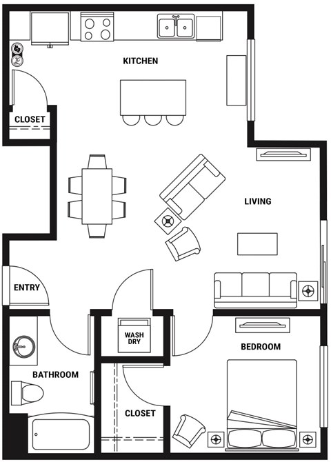 Floor plan for 1 bed, 1 bath, 771 sqft