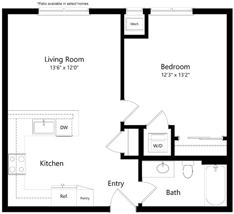 Floor plan for 1 bed, 1 bath, 650 sqft