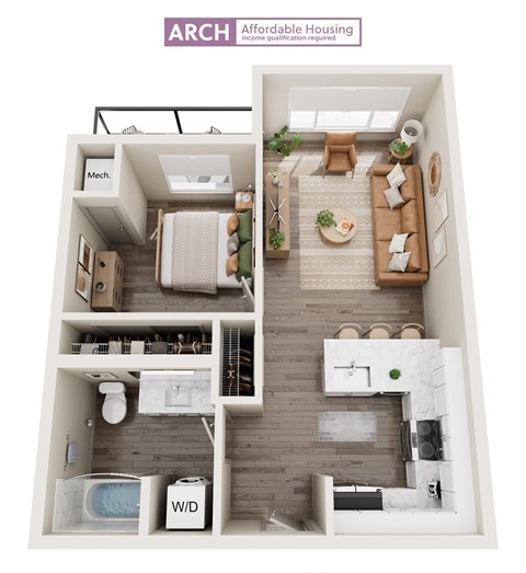 Floor plan for 1 bed, 1 bath, 640 sqft