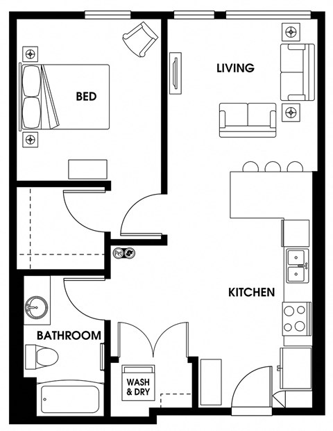 Floor plan for 1 bed, 1 bath, 685 sqft