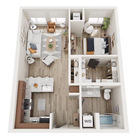 Floor plan for 1 bed, 1 bath, 702 sqft