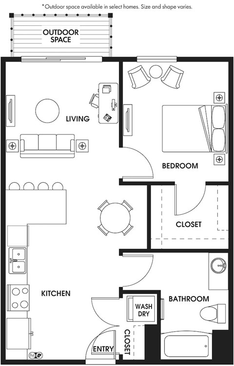 Floor plan for 1 bed, 1 bath, 695 sqft