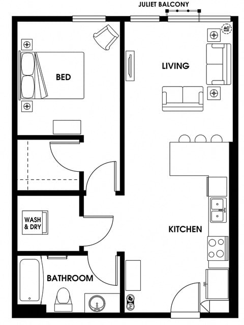 Floor plan for 1 bed, 1 bath, 691 sqft