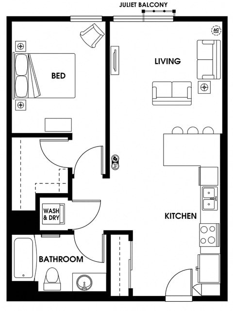 Floor plan for 1 bed, 1 bath, 705 sqft