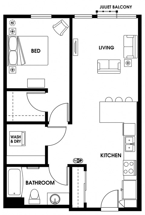 Floor plan for 1 bed, 1 bath, 709 sqft