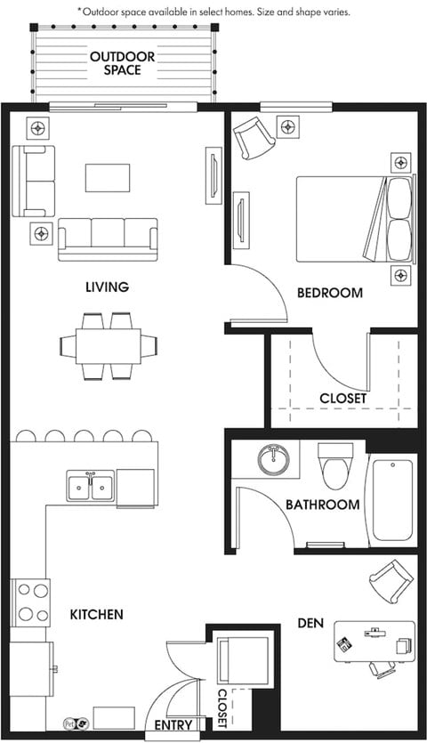 Floor plan for 1 bed, 1 bath, 787 sqft