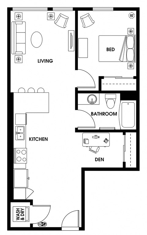 Floor plan for 1 bed, 1 bath, 735 sqft
