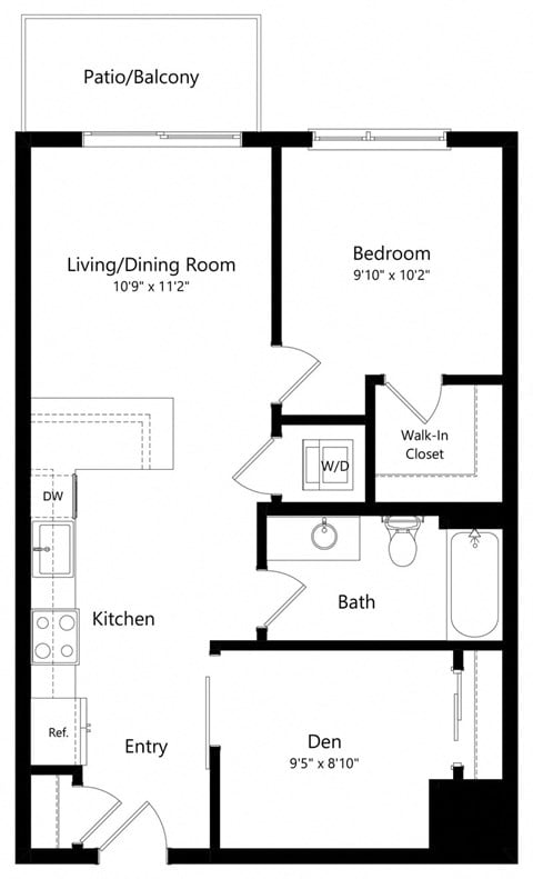 Floor plan for 1 bed, 1 bath, 698 sqft