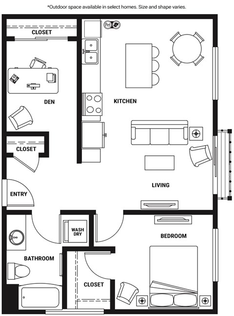 Floor plan for 1 bed, 1 bath, 829 sqft