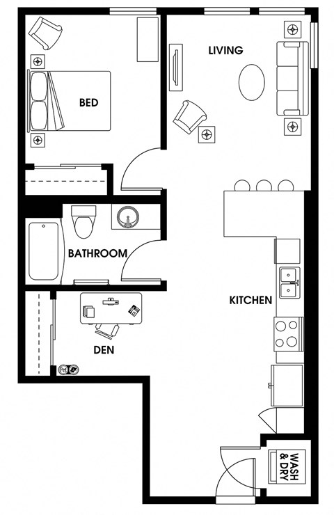 Floor plan for 1 bed, 1 bath, 739 sqft