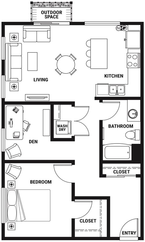Floor plan for 1 bed, 1 bath, 875 sqft