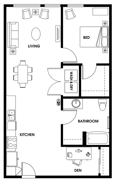 Floor plan for 1 bed, 1 bath, 873 sqft