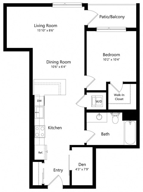 Floor plan for 1 bed, 1 bath, 750 sqft