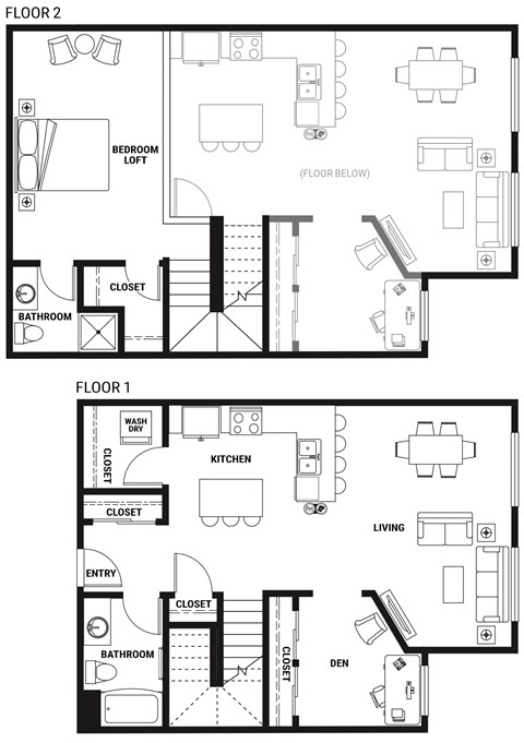 Floor plan for 1 bed, 2 baths, 1219 sqft