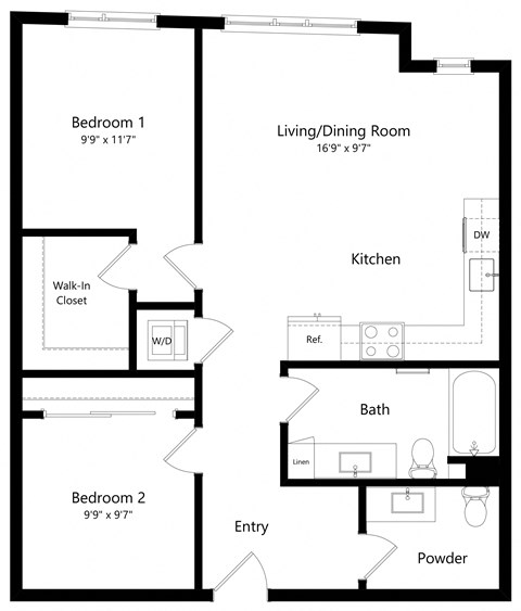 Floor plan for 2 beds, 1.5 baths, 949 sqft