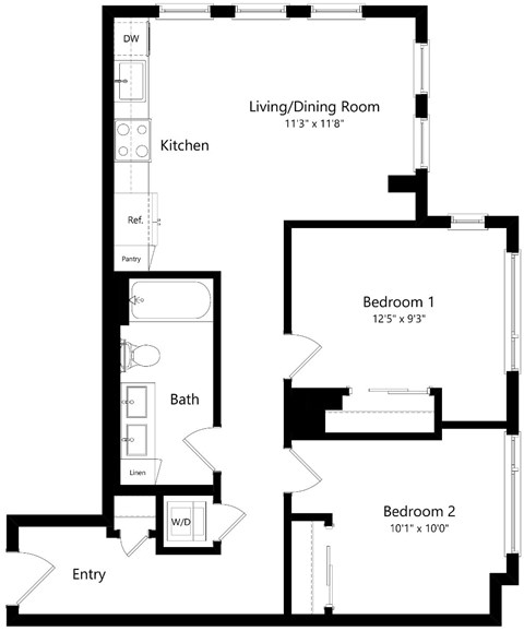 Floor plan for 2 beds, 1 bath, 830 sqft