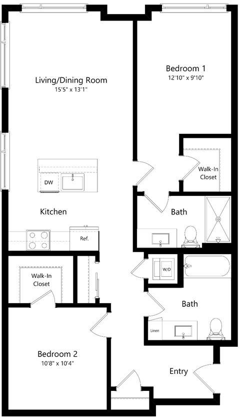 Floor plan for 2 beds, 2 baths, 1012 sqft