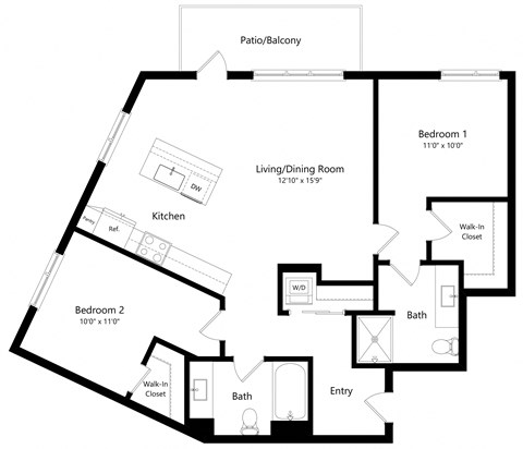 Floor plan for 2 beds, 2 baths, 1062 sqft