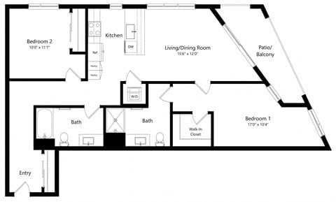 Floor plan for 2 beds, 2 baths, 1085 sqft