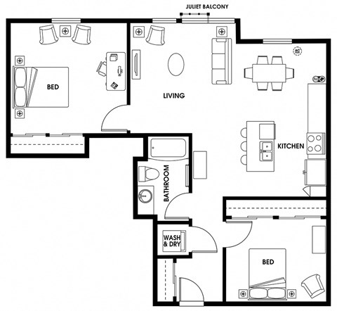 Floor plan for 2 beds, 2 baths, 1034 sqft