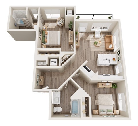Floor plan for 2 beds, 2 baths, 993 sqft
