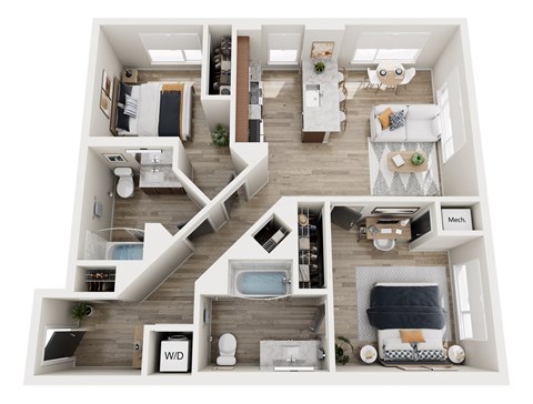 Floor plan for 2 beds, 2 baths, 1039 sqft