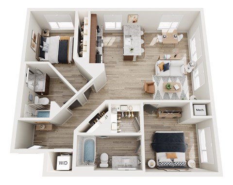 Floor plan for 2 beds, 2 baths, 1033 sqft